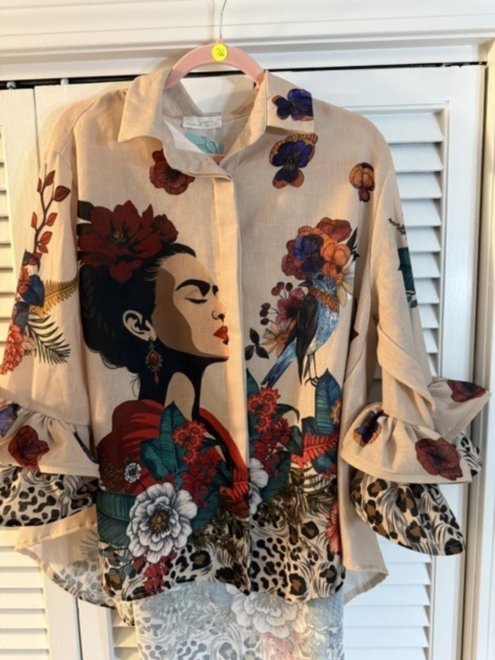L766 | Loowie Floral Frida Bluebird Printed Shirt | Ruffled Sleeves | One Sz S-L